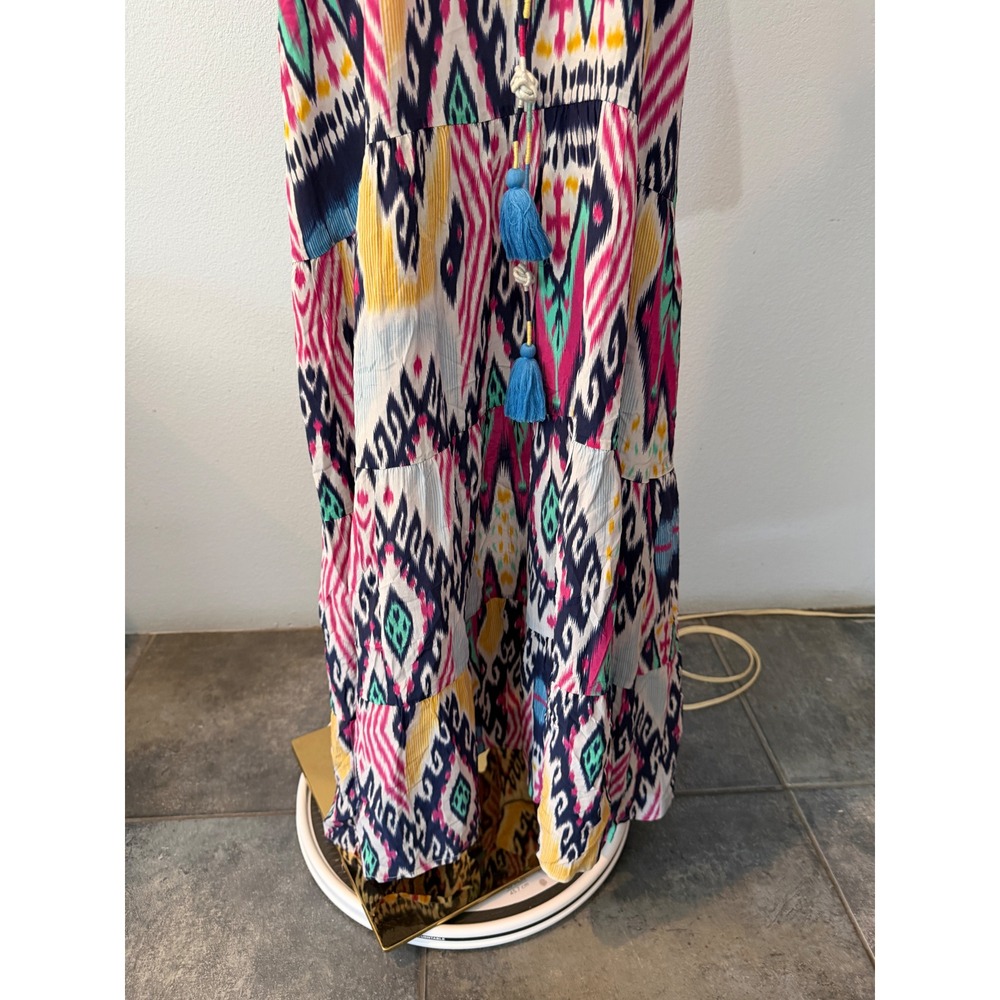 Figue Ikat Avery Maxi Dress V-Neck Tassel Boho Chic Resortwear Tribal Size Large - Picture 4 of 11